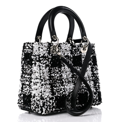 Christian Dior Lambskin Sequin Embellished Medium Lady Dior Black White 3 of 15