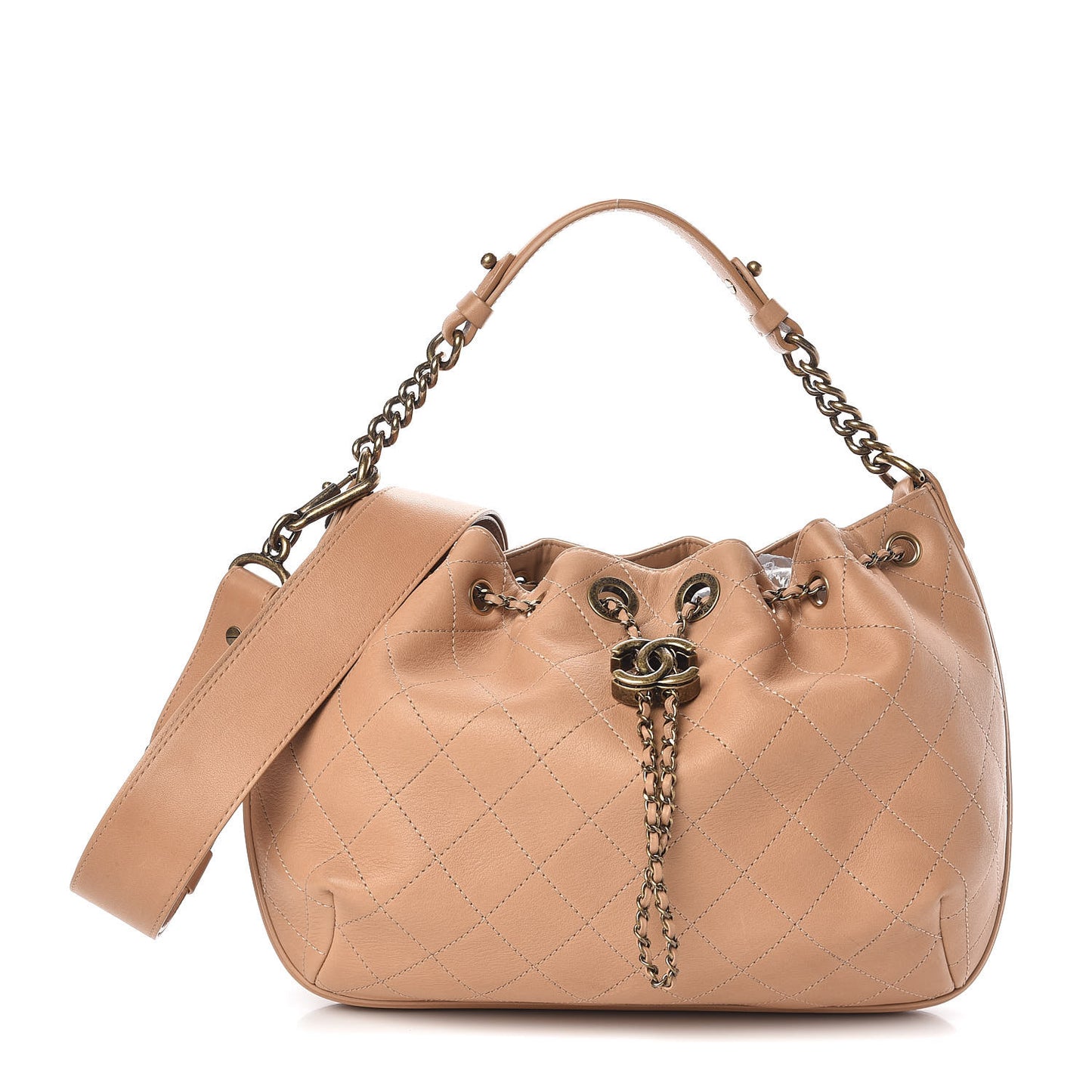Calfskin Stitched Medium Drawstring CC Bag Beige