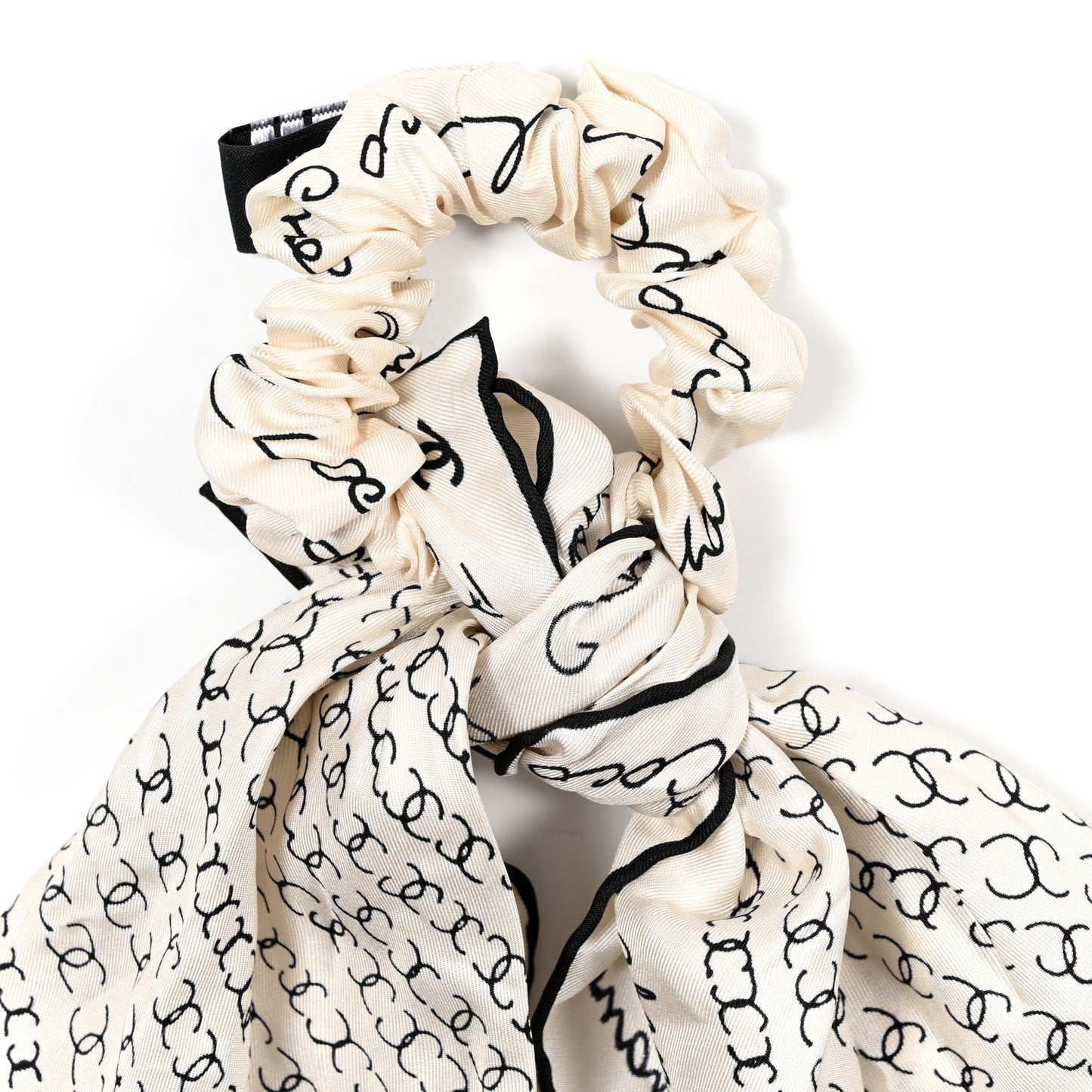 Silk Twill Square Scarf Hair Tie White Black
