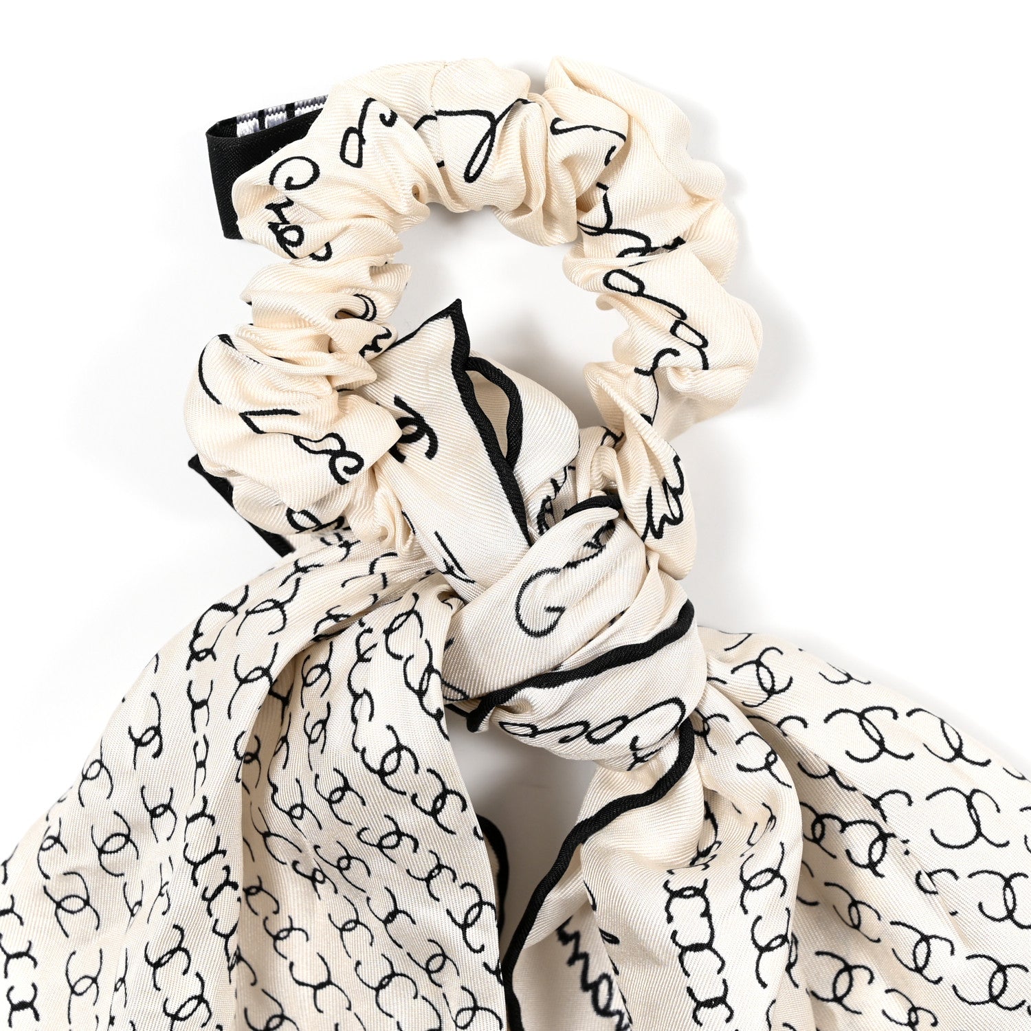 Chanel Silk Twill Square Scarf Hair Tie White Black 2 of 4