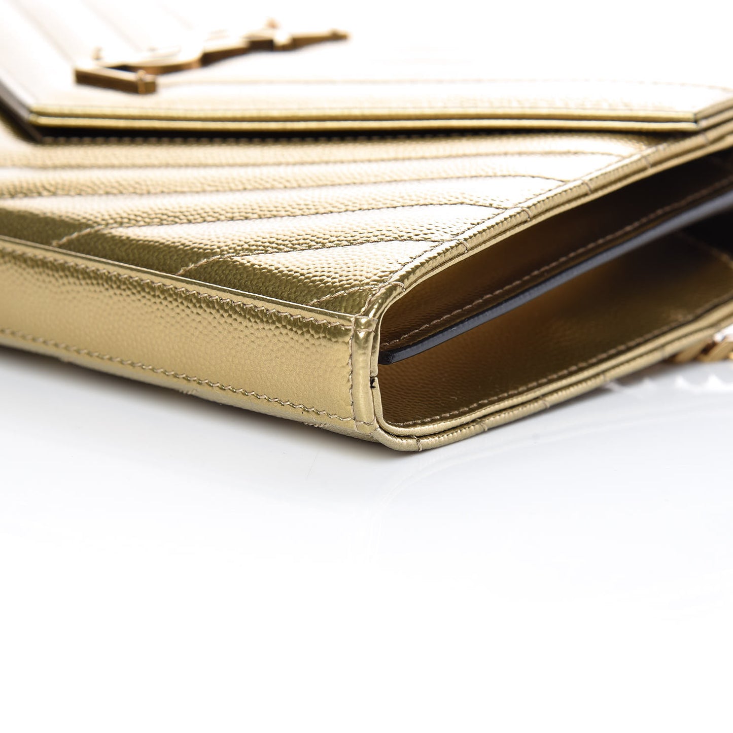 Iridescent Grain De Poudre Matelasse Chevron Monogram Chain Wallet Antic Gold
