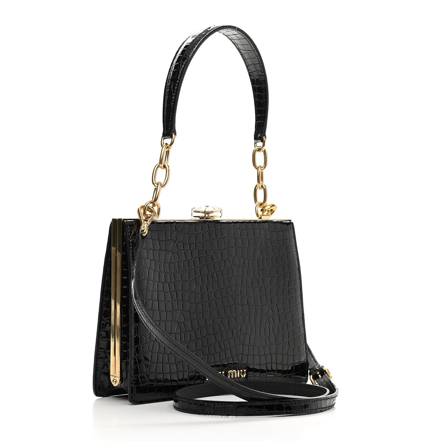 Calfskin Crocodile Embossed Crystal Embellished Solitaire Bag Black