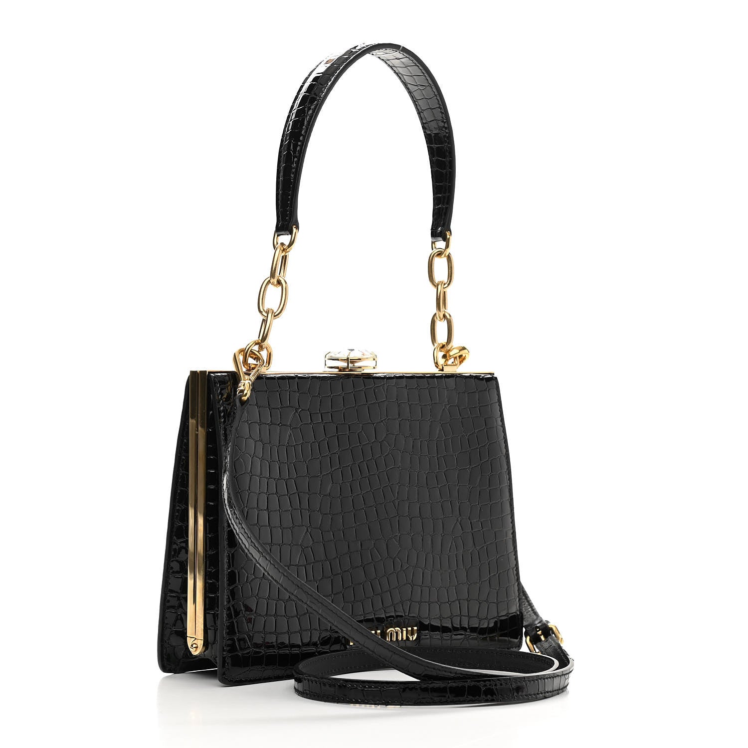 Miu Miu Calfskin Crocodile Embossed Crystal Embellished Solitaire Bag Black 3 of 10
