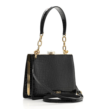 Miu Miu Calfskin Crocodile Embossed Crystal Embellished Solitaire Bag Black 3 of 10