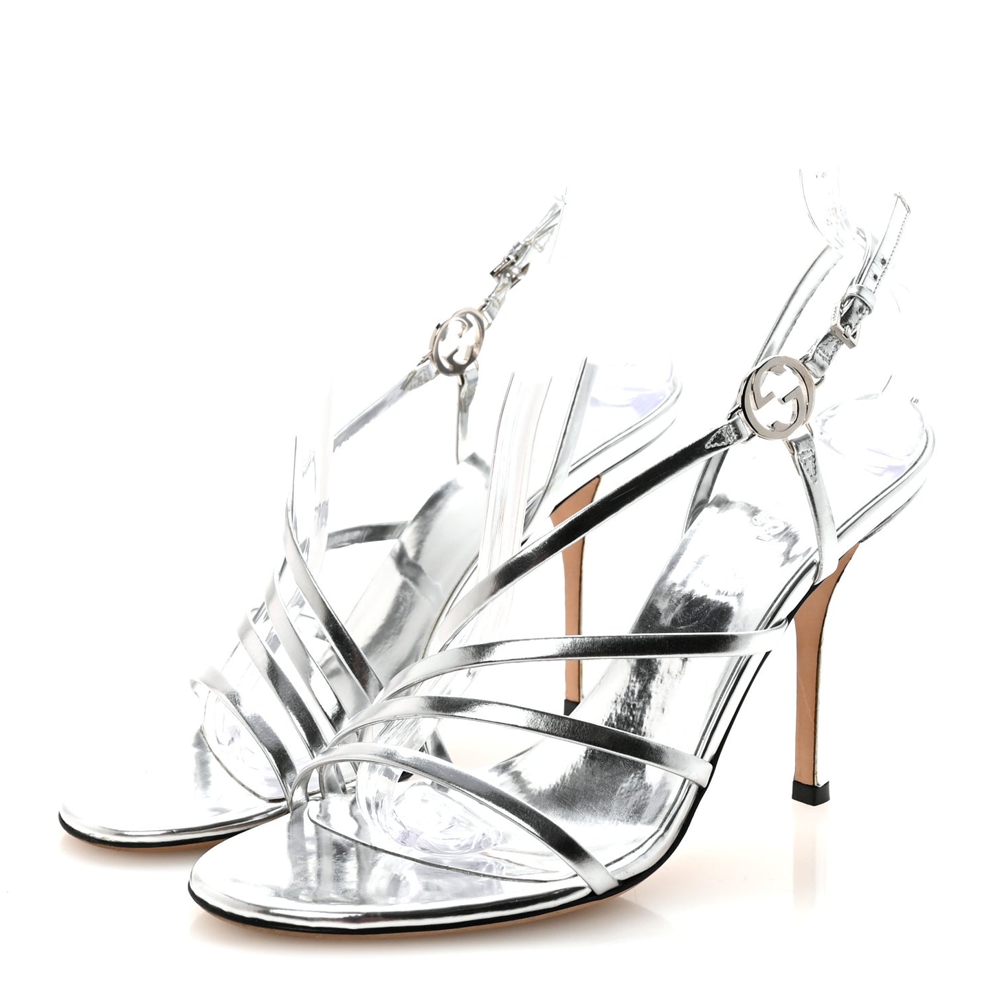 Metallic Calfskin Interlocking G Strappy Sandals 38 Silver