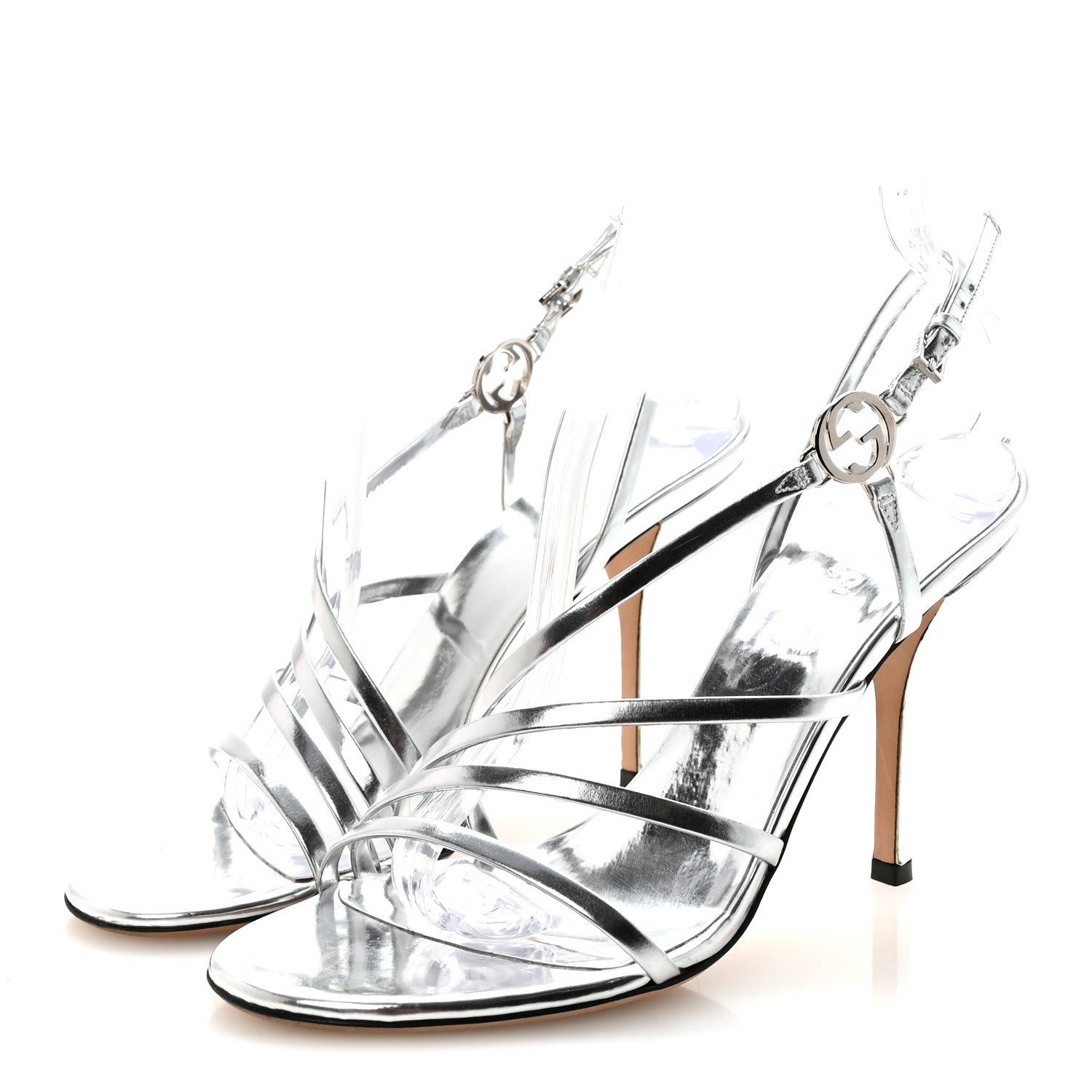 Gucci Metallic Calfskin Interlocking G Strappy Sandals 38 Silver 4 of 8