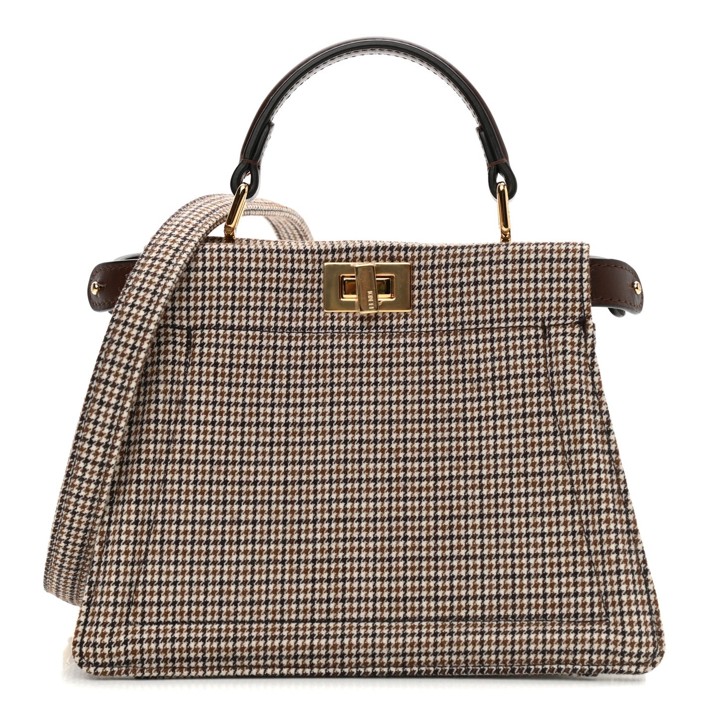 Wool Fabric Jacquard Cuoio Small Houndstooth FF 1974 Petite Peekaboo I SEE U Satchel Beige Tobacco Moro