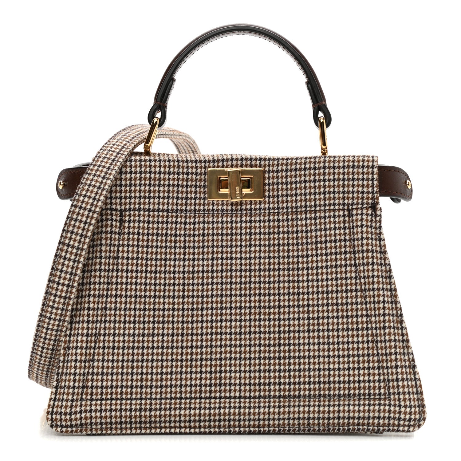 Fendi Wool Fabric Jacquard Cuoio Small Houndstooth FF 1974 Petite Peekaboo I SEE U Satchel Beige Tobacco Moro 1 of 10
