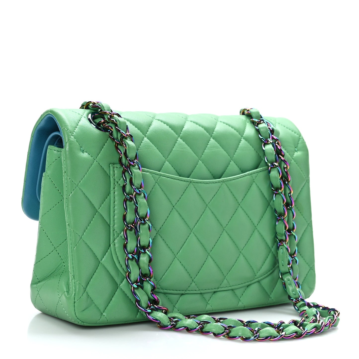 Lambskin Quilted Small Double Flap Green Blue