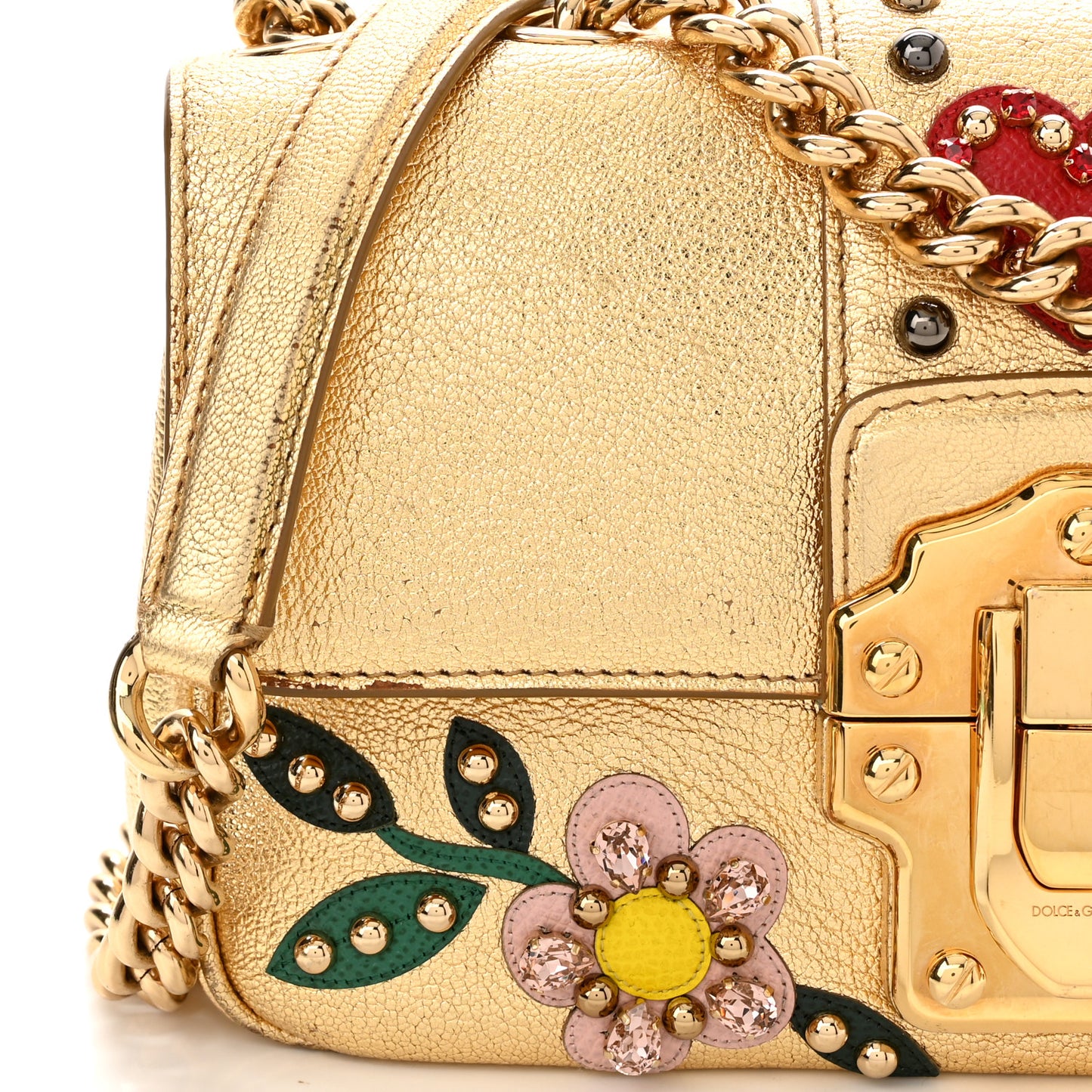 Metallic Calfskin Crystal Embellished Lucia Shoulder Bag Gold Multicolor