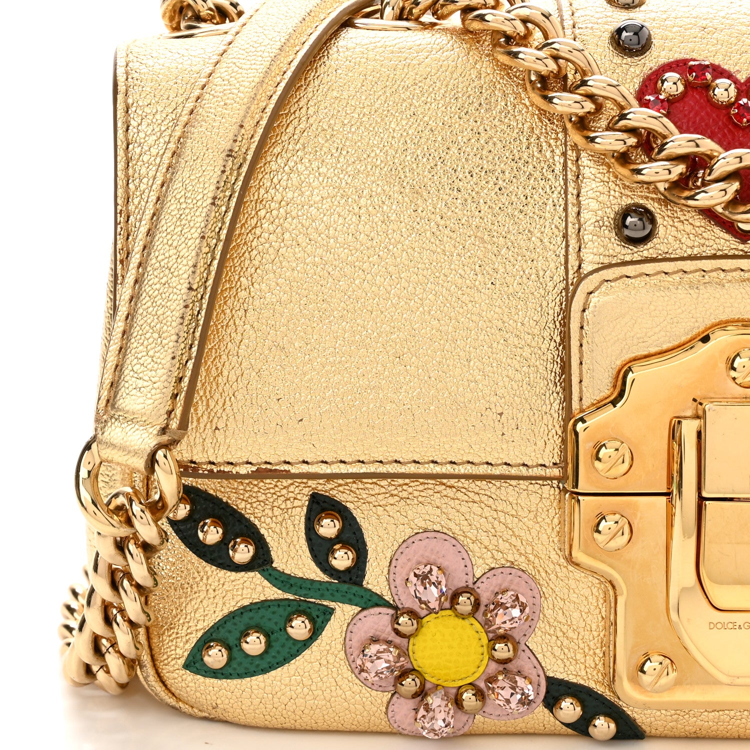 Dolce & Gabbana Metallic Calfskin Crystal Embellished Lucia Shoulder Bag Gold Multicolor 11 of 12