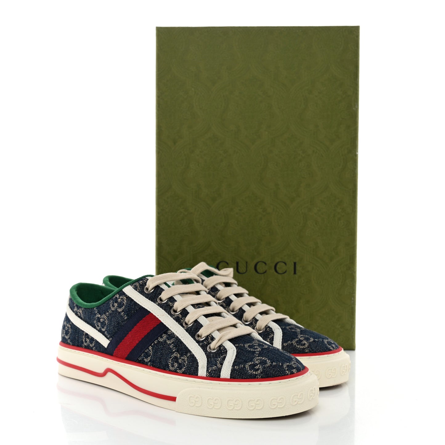 New Denim GG Monogram Web Womens 1977 Tennis Sneakers 36 Blue Tea Mystic White