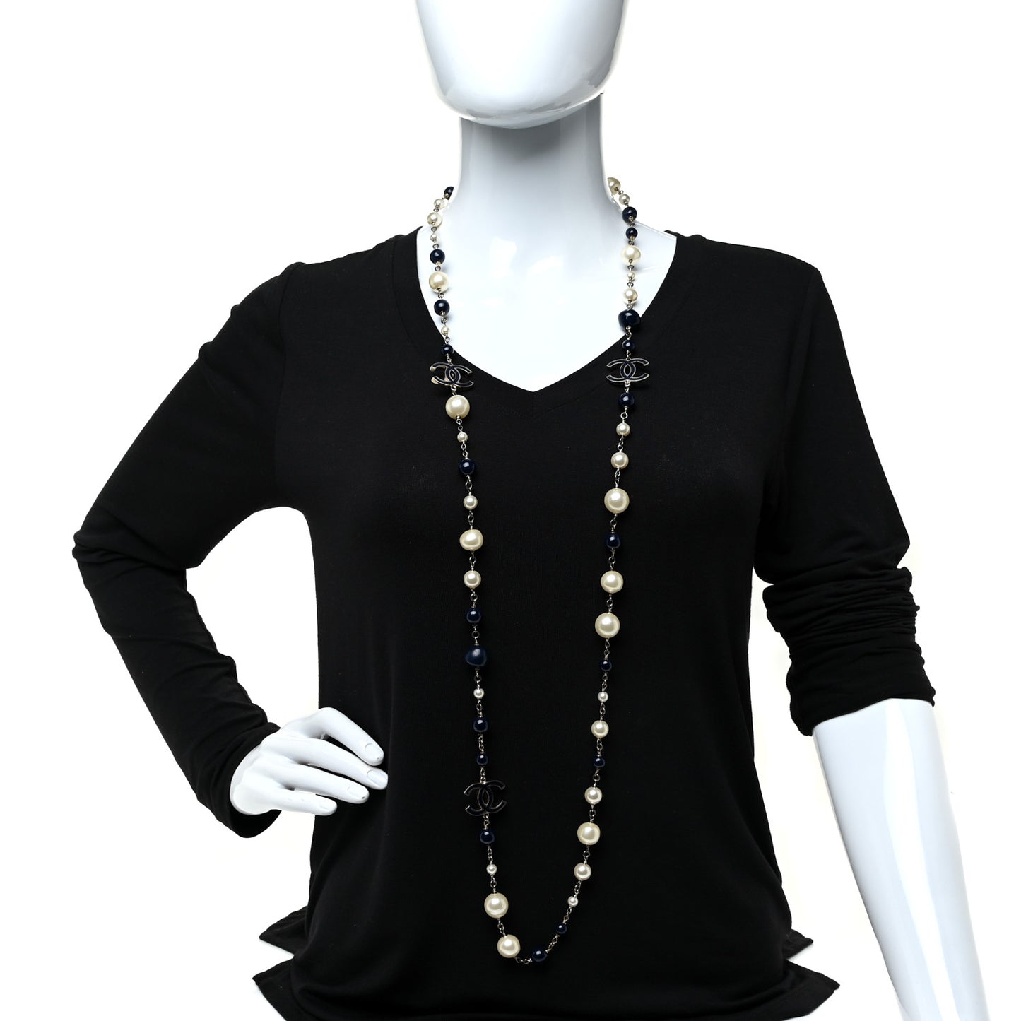 Pearl Beaded CC Long Necklace Navy