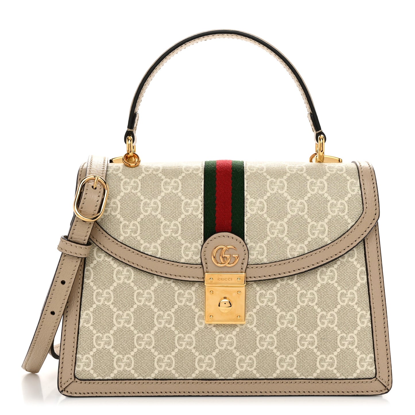 GG Supreme Monogram Textured Dollar Calfskin Web Small Ophidia Padlock Top Handle Bag Beige Mystic White Oatmeal
