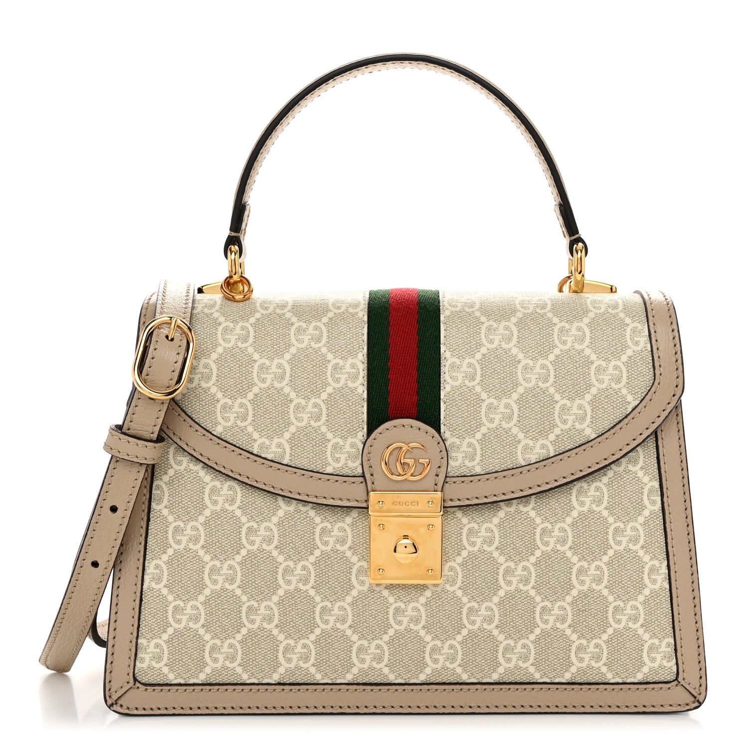 Gucci GG Supreme Monogram Textured Dollar Calfskin Web Small Ophidia Padlock Top Handle Bag Beige Mystic White Oatmeal 1 of 10
