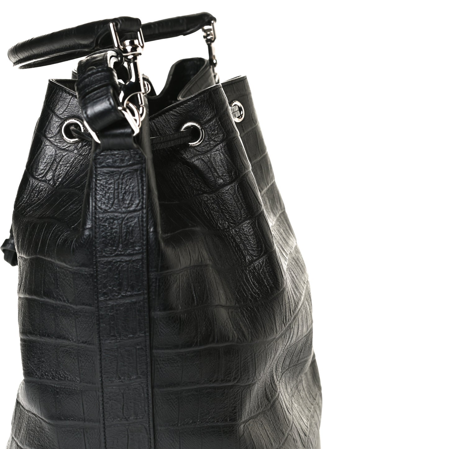 Calfskin Crocodile Embossed Large Emmanuelle Bucket Bag Black