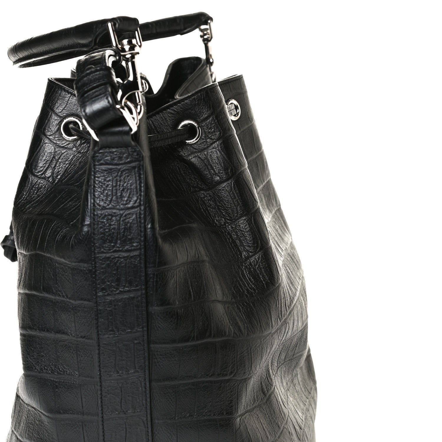 Saint Laurent Calfskin Crocodile Embossed Large Emmanuelle Bucket Bag Black 29 of 31