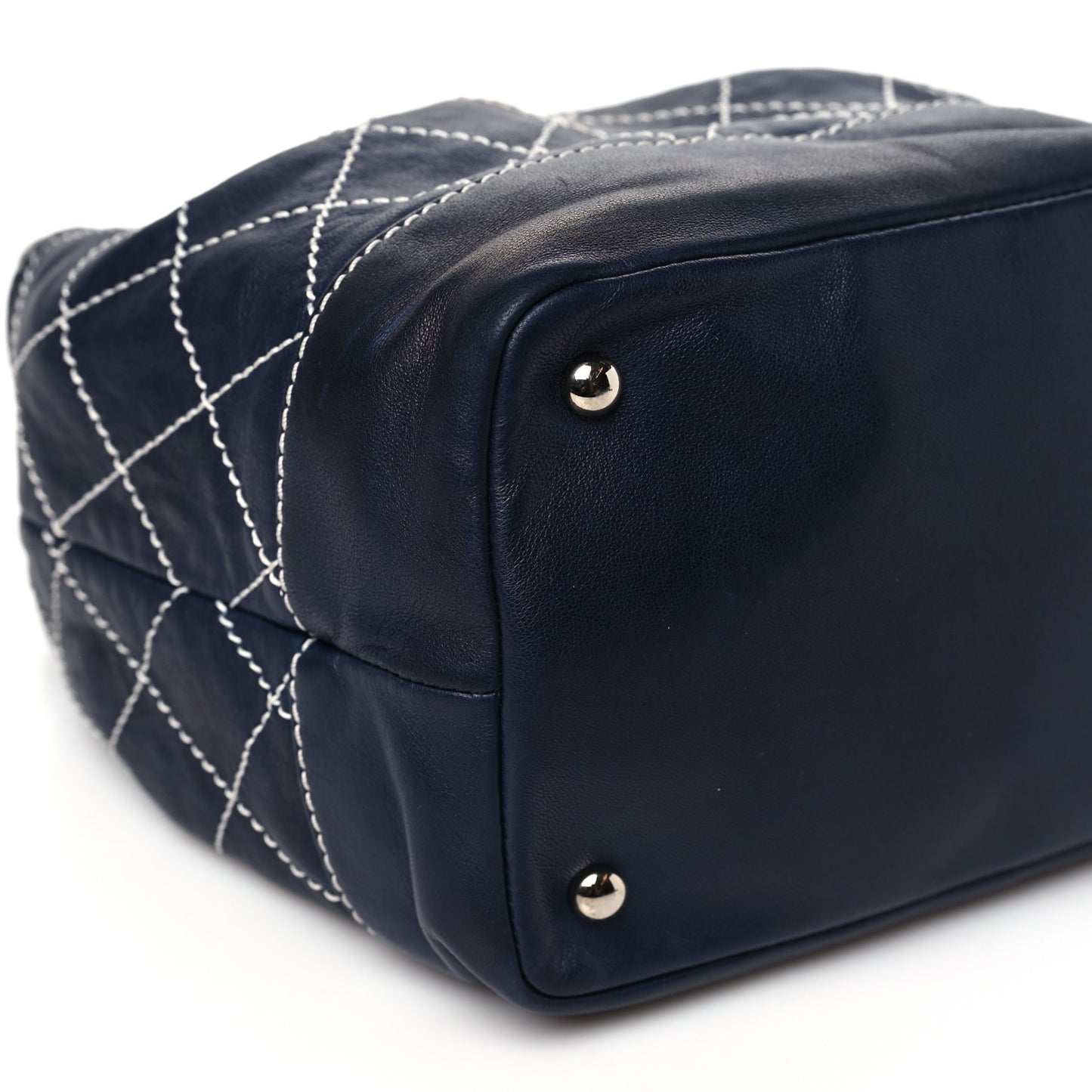Lambskin Contrast Stitch Small Drawstring Tote Navy
