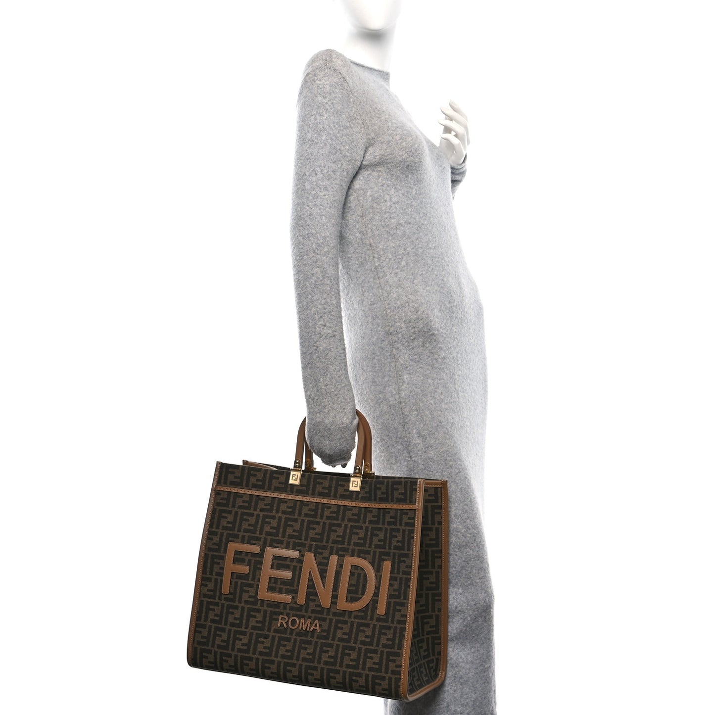Fabric Jacquard FF 1974 Logo Large Fendi Sunshine Shopper Tote Tobacco Moro Sand