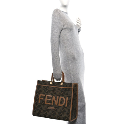Fendi Fabric Jacquard FF 1974 Logo Large Fendi Sunshine Shopper Tote Tobacco Moro Sand 2 of 10