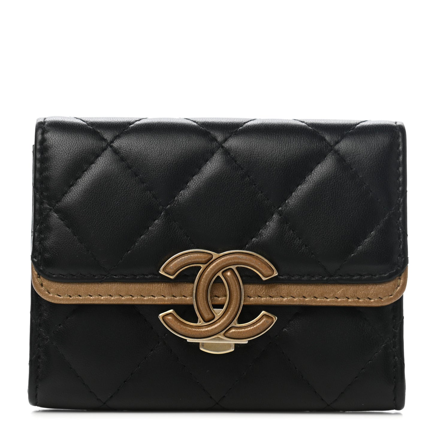 Lambskin Quilted CC Chic Flap Card Holder Black Gold