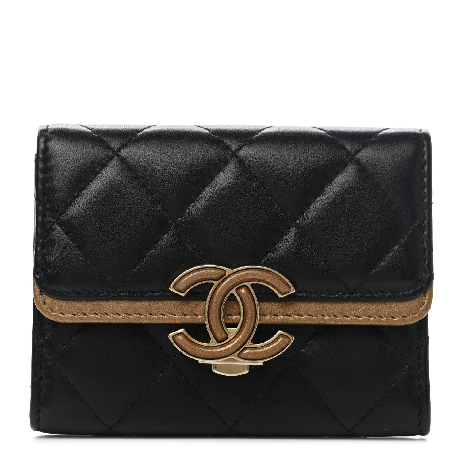 Chanel Lambskin Quilted CC Chic Flap Card Holder Black Gold 1 of 22