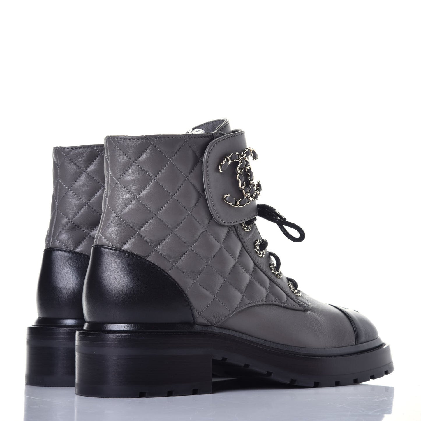 Shiny Lambskin Quilted Lace Up Combat Boots 38 Grey Black