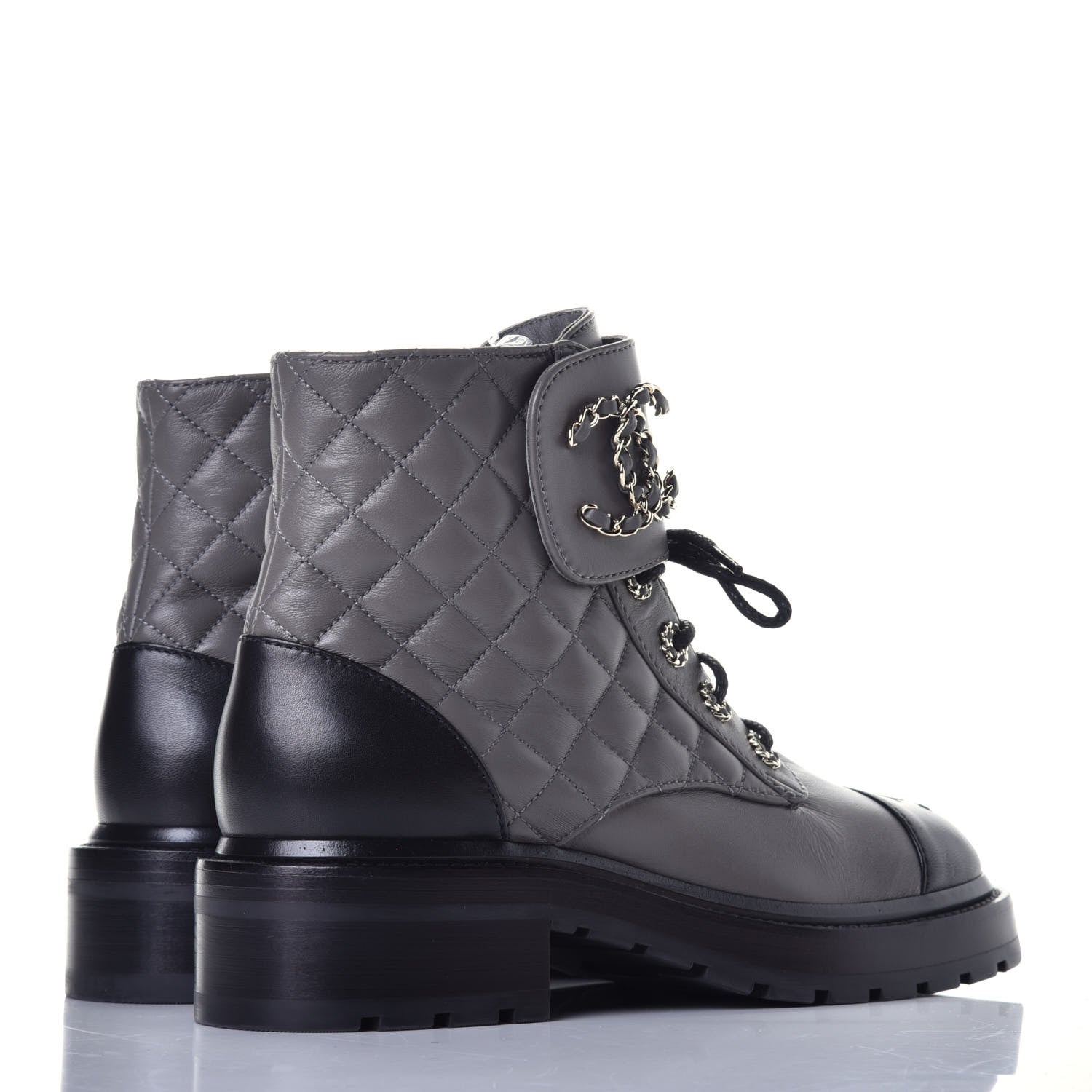 Chanel Shiny Lambskin Quilted Lace Up Combat Boots 38 Grey Black 4 of 10