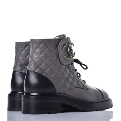 Chanel Shiny Lambskin Quilted Lace Up Combat Boots 38 Grey Black 4 of 10