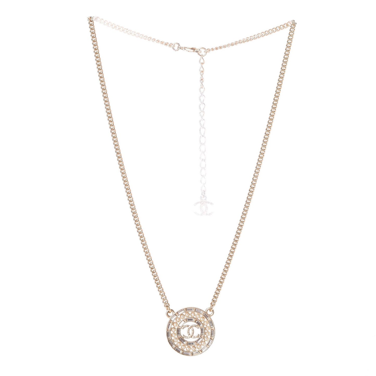 Crystal Pearl CC Medallion Necklace Light Gold