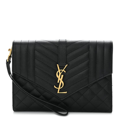 Saint Laurent Grain De Poudre Textured Mixed Matelasse Triquilt Monogram Clutch Black 1 of 11