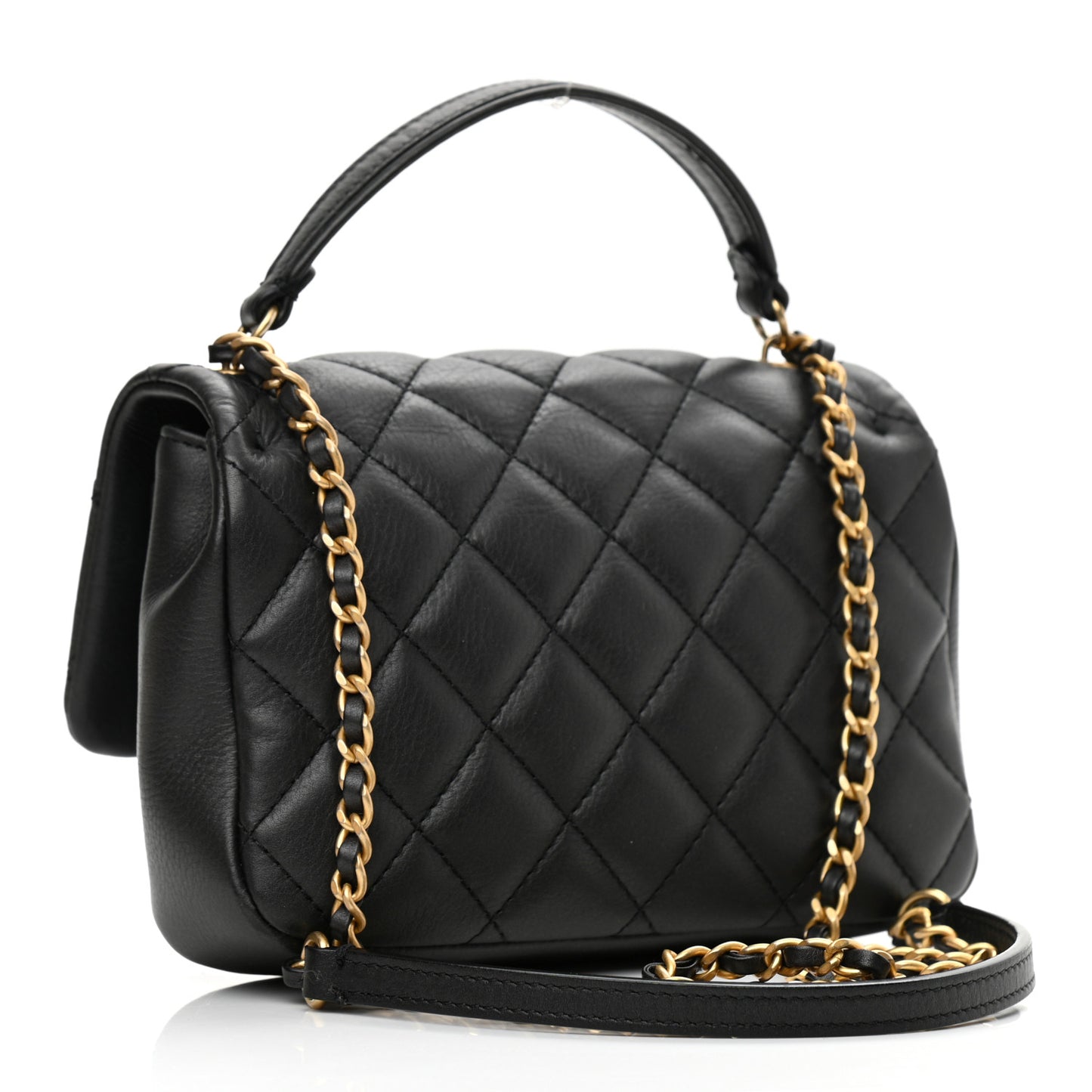 Calfskin Quilted Top Handle Flap Black