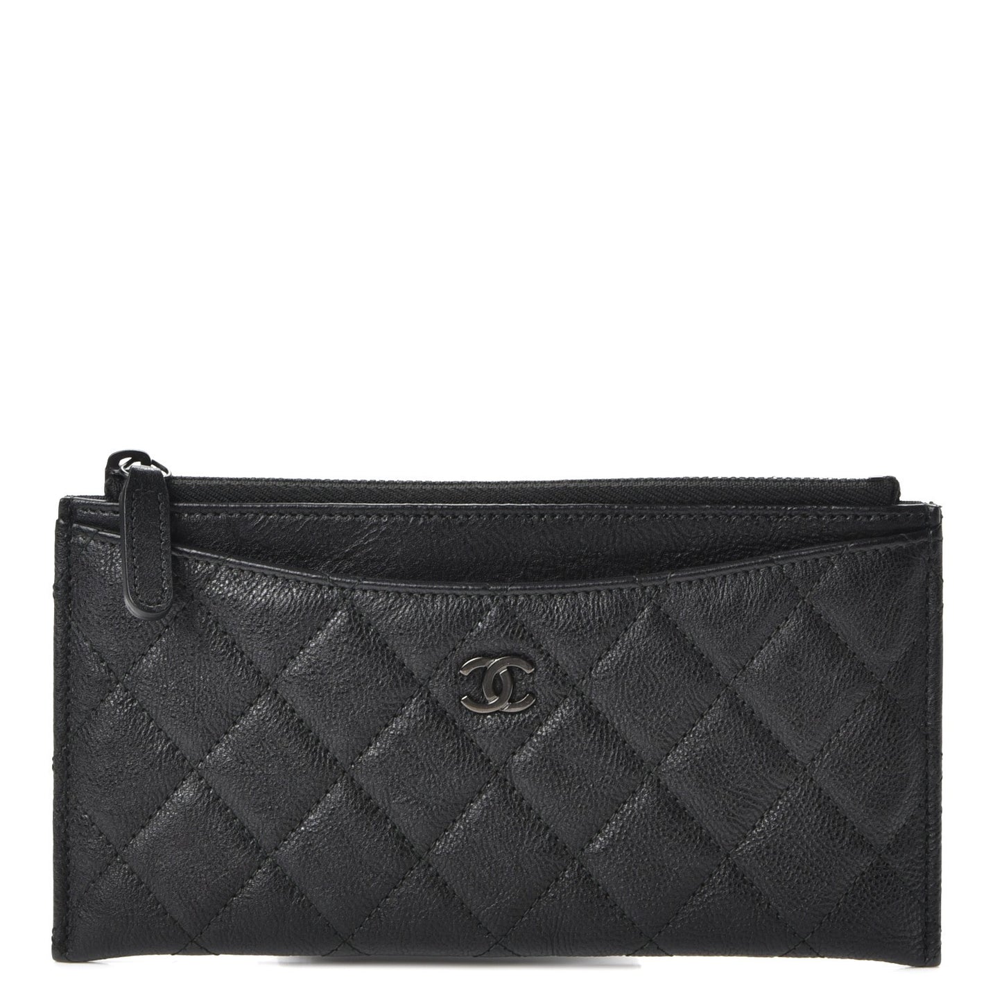 Crinkled Calfskin Quilted Classic Zip Pouch So Black