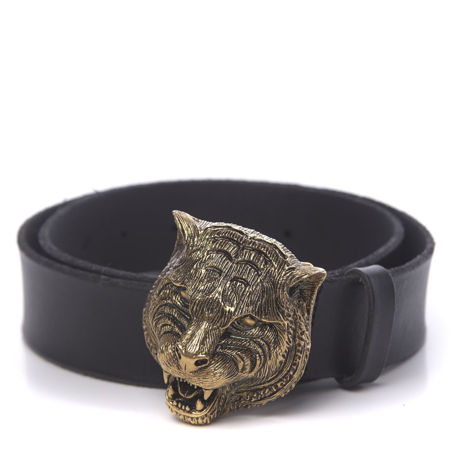 Gucci Calfskin Brass Feline Buckle Belt 75 30 Black 1 of 5