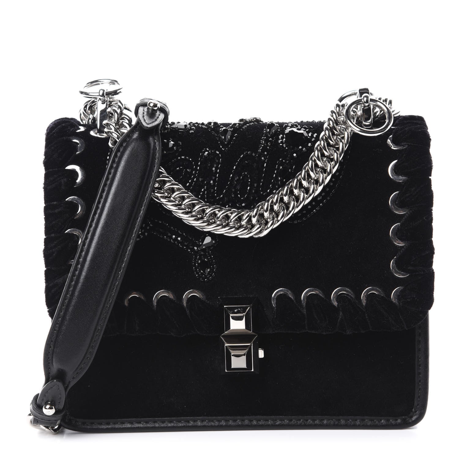 Fendi Velvet Vitello Liberty Crystal Logo Lace Up Small Kan I Shoulder Bag Black 1 of 10