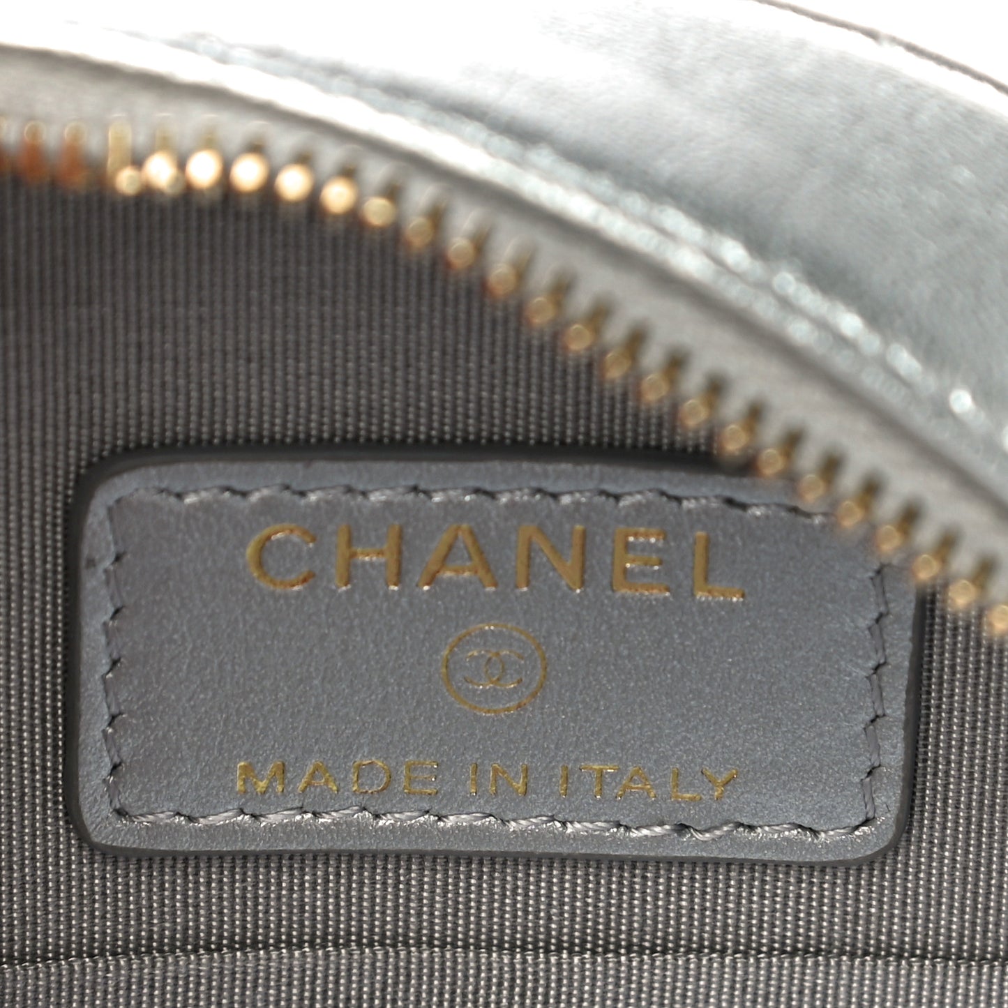 Metallic Lambskin Quilted Chanel 19 Round Clutch With Chain Silver