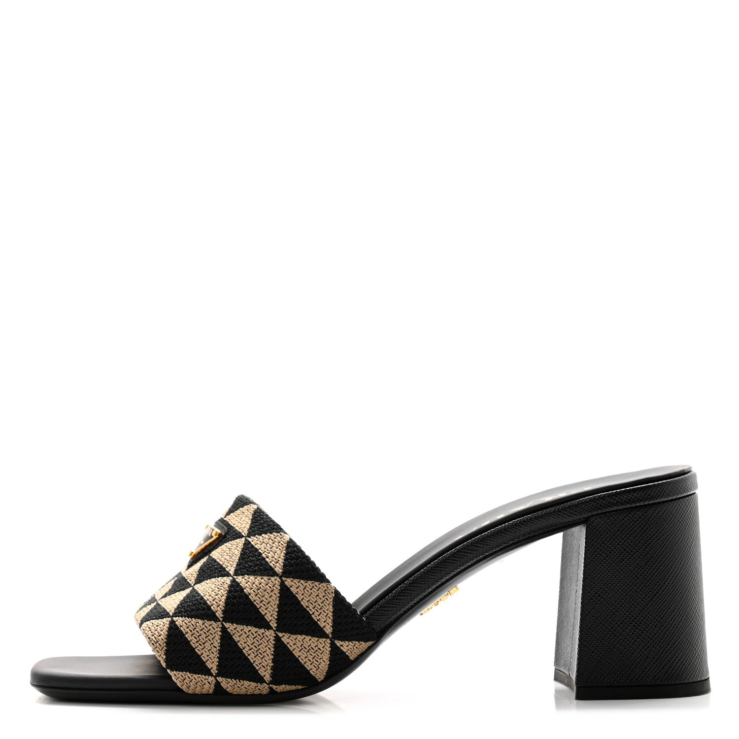 Prada Jacquard Trianglolo Symbole Embroidered Metal Triangle Logo 65mm Block Heel Slide Sandals 39 Black Beige 1 of 8