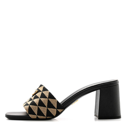 Prada Jacquard Trianglolo Symbole Embroidered Metal Triangle Logo 65mm Block Heel Slide Sandals 39 Black Beige 1 of 8
