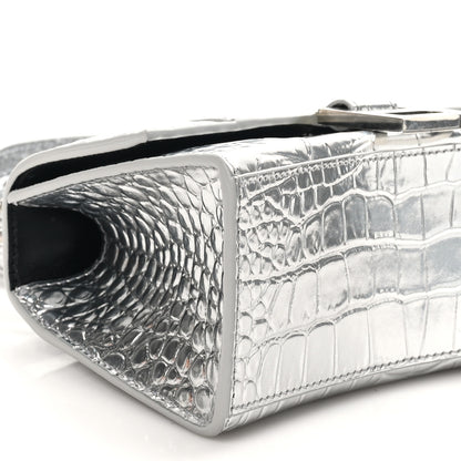 Balenciaga Metallic Calfskin Crocodile Embossed Hourglass Top Handle Bag XS Silver 8 of 10