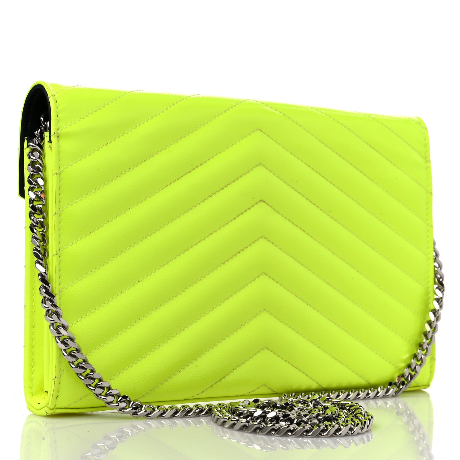 Saint Laurent Patent Grain De Poudre Matelasse Chevron Monogram Chain Wallet Neon Yellow 3 of 15