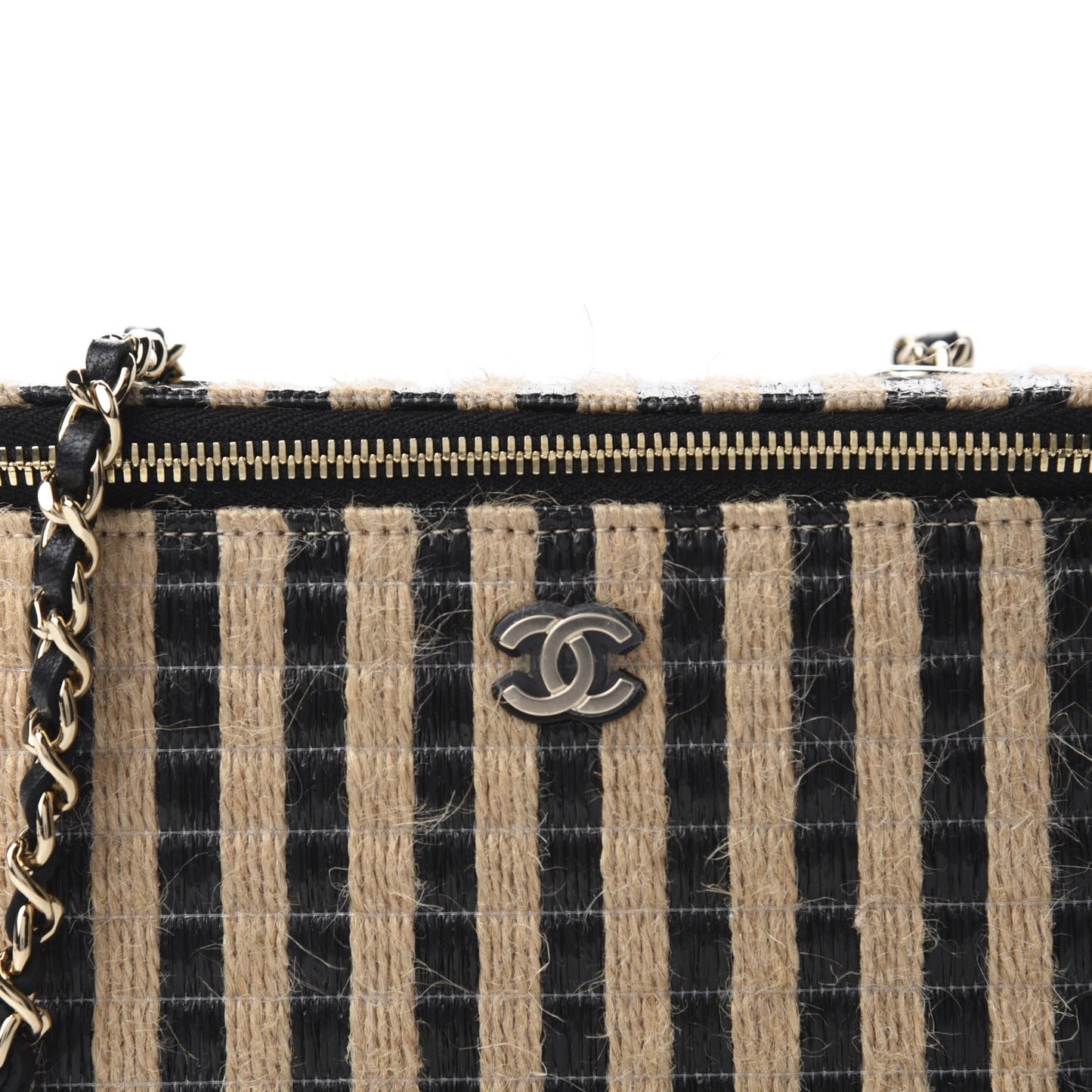 Raffia Jute Striped Small Vanity Case With Chain Black Beige