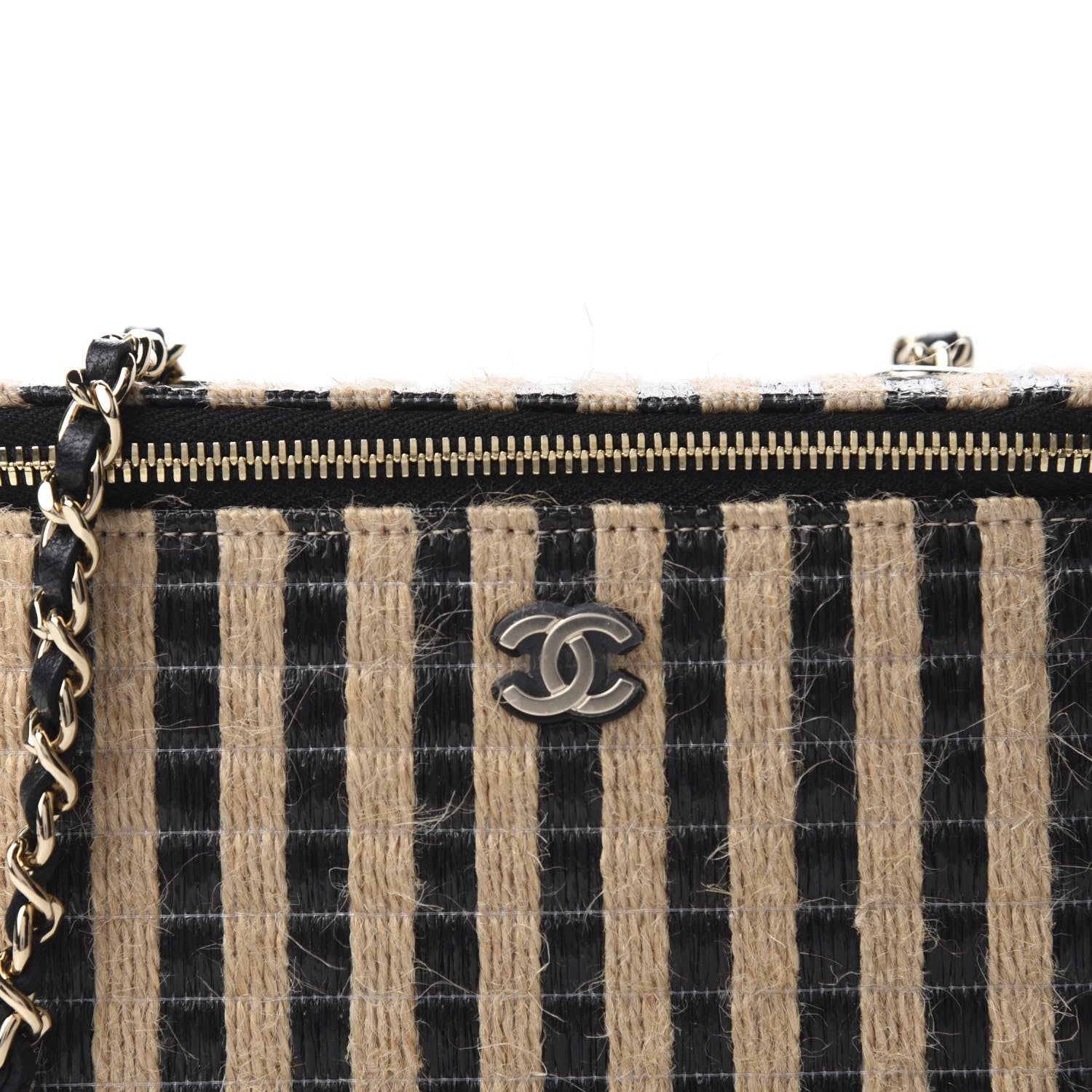 Chanel Raffia Jute Striped Small Vanity Case With Chain Black Beige 10 of 11