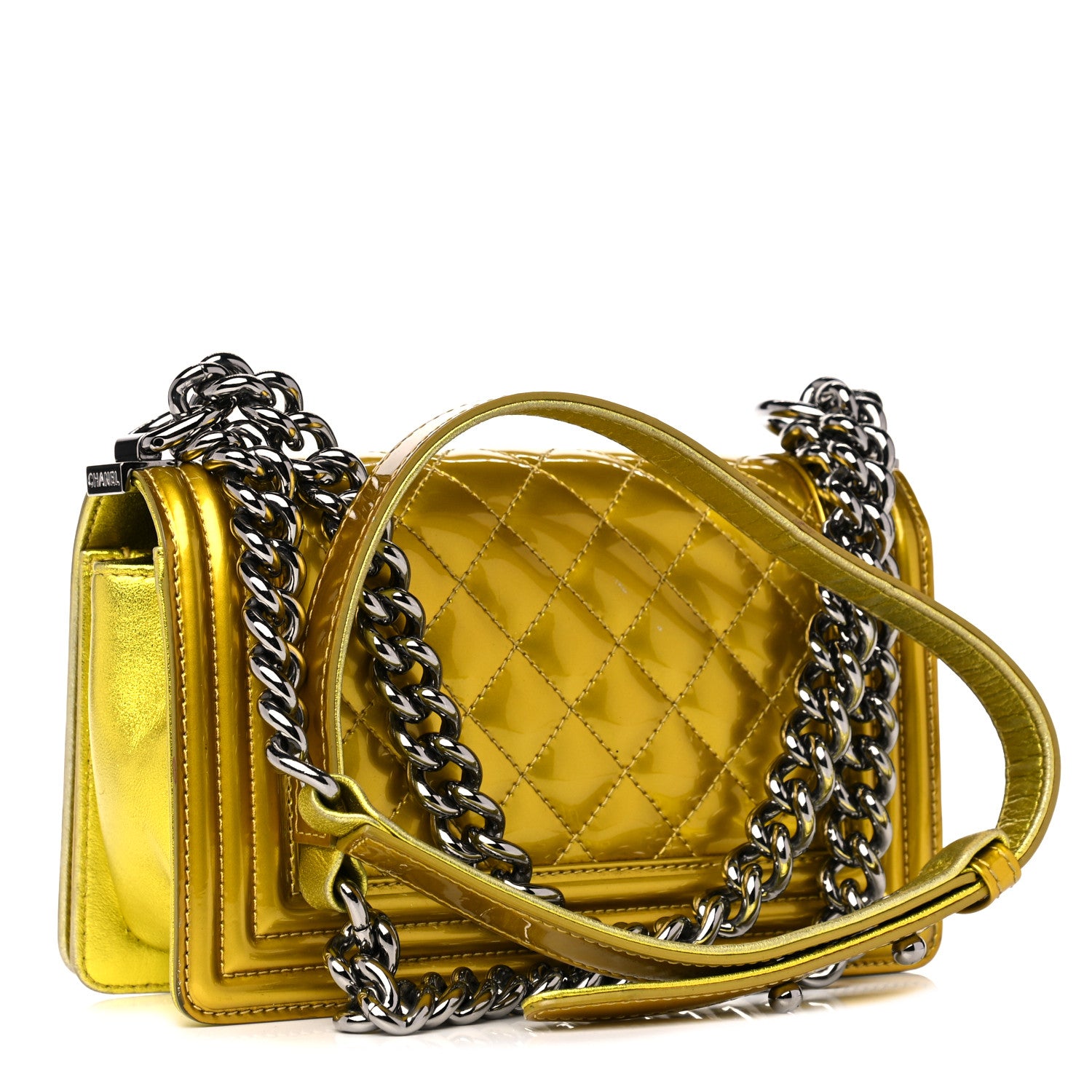 Chanel Metallic Patent Calfskin Quilted Small Boy Flap Yellow 2 of 11