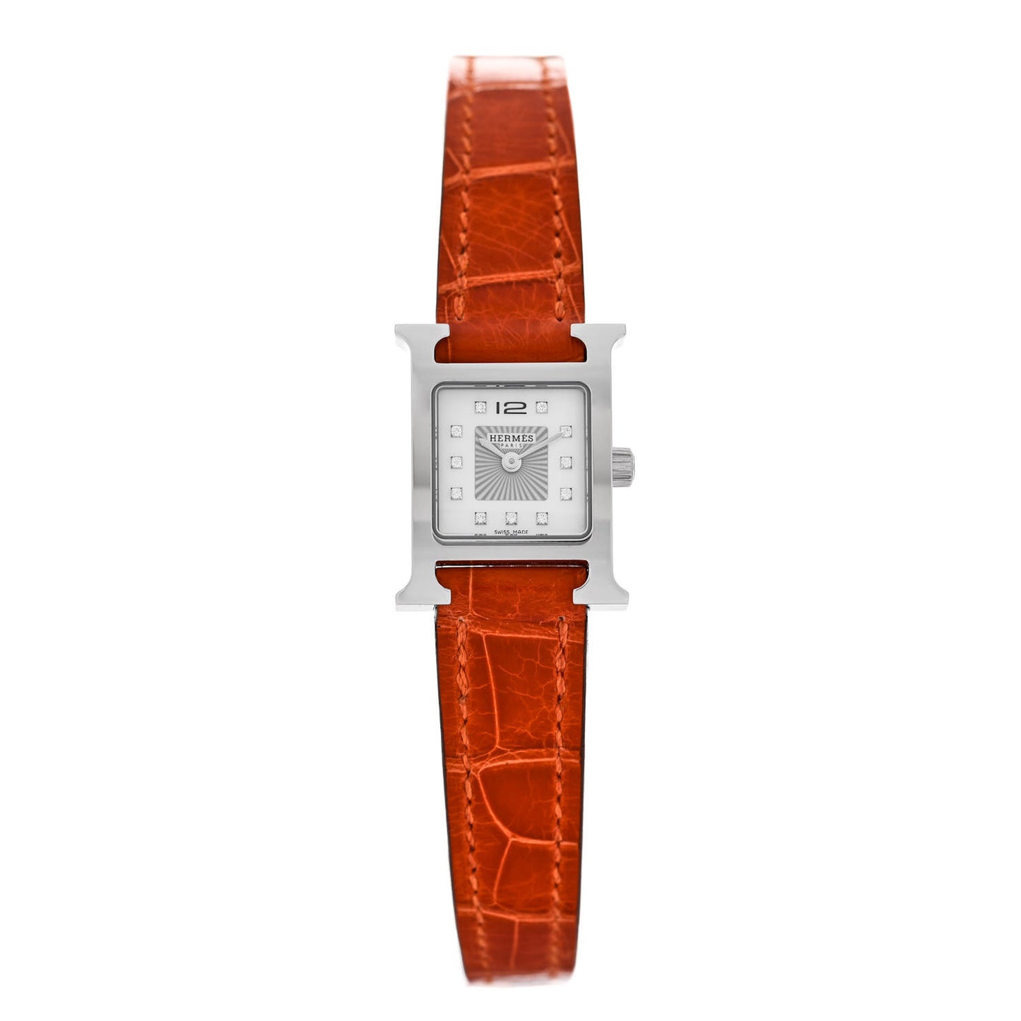 Stainless Steel Alligator Diamond Mother of Pearl 17.2mm Heure H Hour Quartz Watch Orange