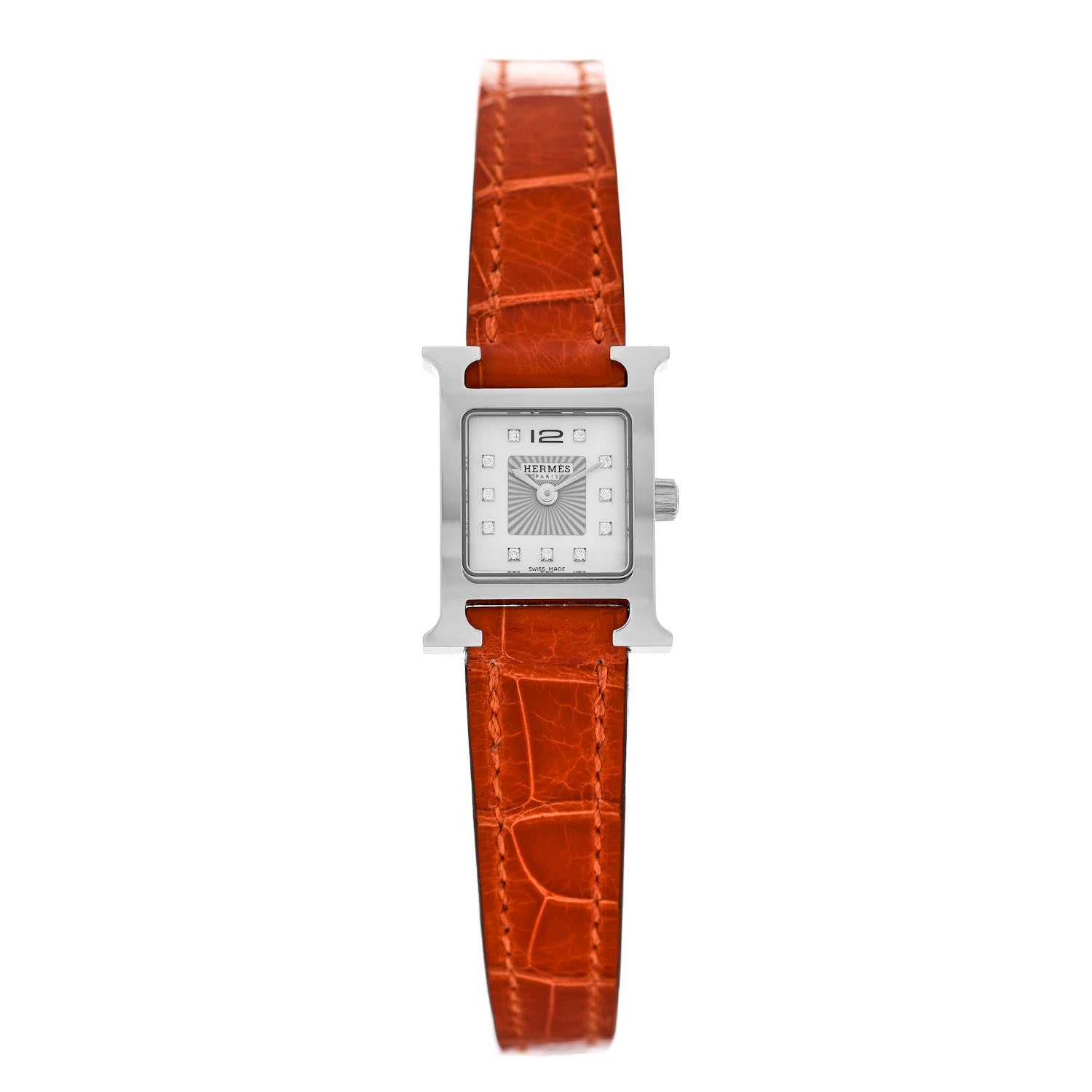 Hermes Stainless Steel Alligator Diamond Mother of Pearl 17.2mm Heure H Hour Quartz Watch Orange 1 of 5