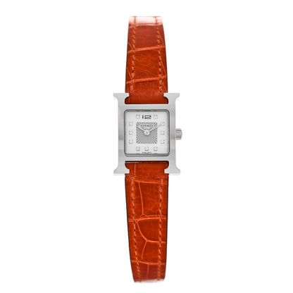 Hermes Stainless Steel Alligator Diamond Mother of Pearl 17.2mm Heure H Hour Quartz Watch Orange 1 of 5