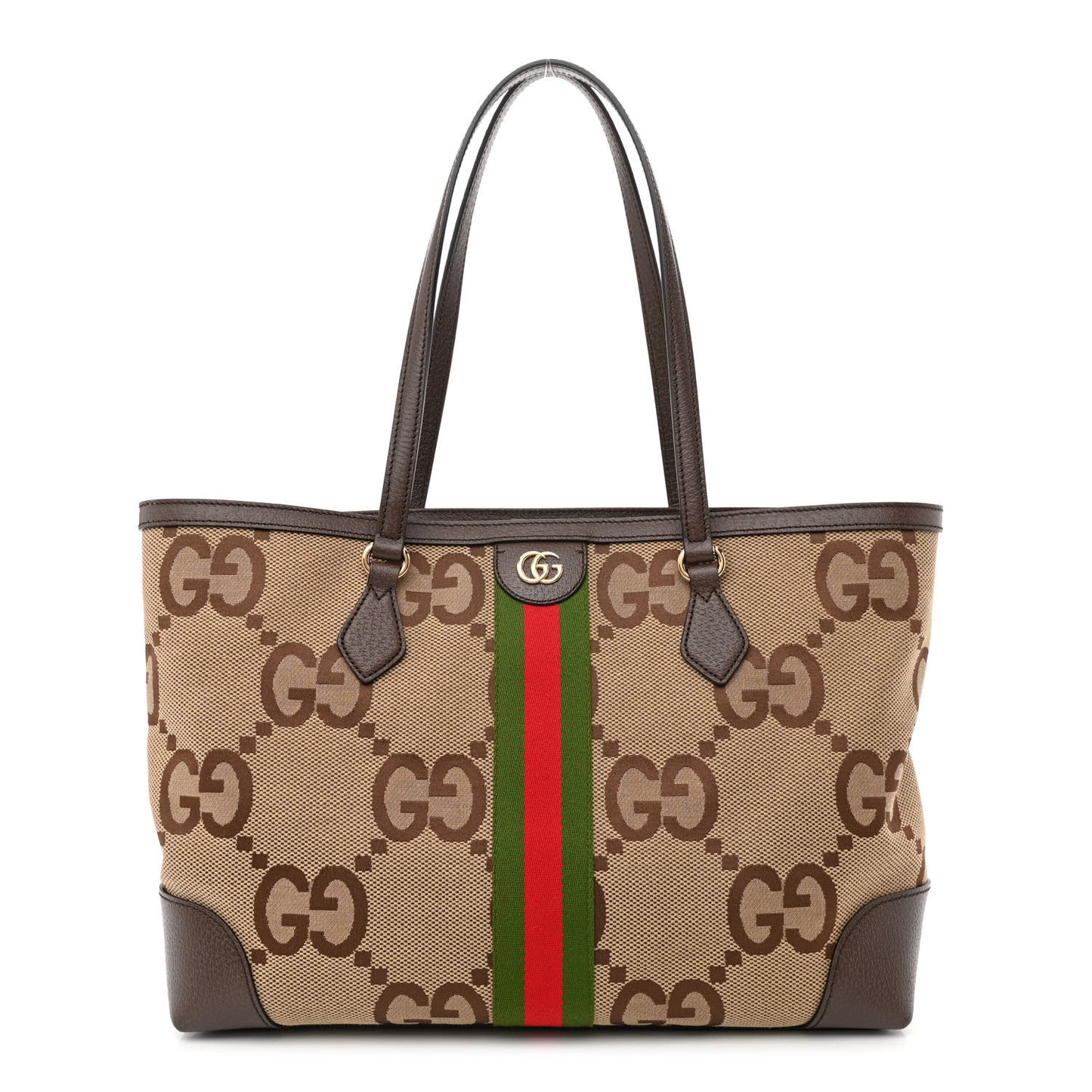 Monogram Jumbo GG Textured Dollar Calfskin Web Medium Ophidia Shopping Tote Camel Ebony