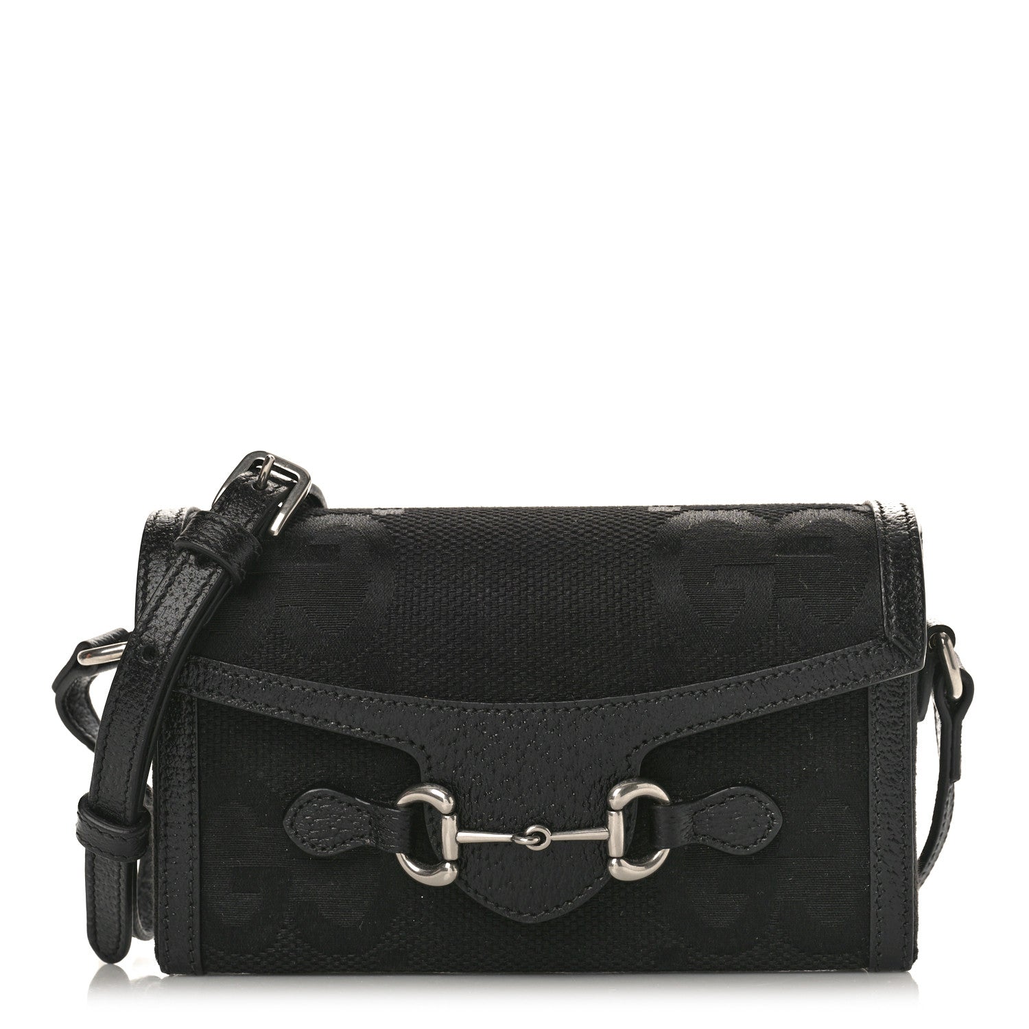 Gucci Monogram Jumbo GG Textured Dollar Calfskin Mini Horsebit 1955 Shoulder Bag Black 1 of 9