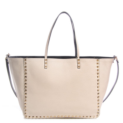 Valentino Garavani Pebbled Calfskin Medium Rockstud Reversible Tote Black Light Ivory 3 of 9