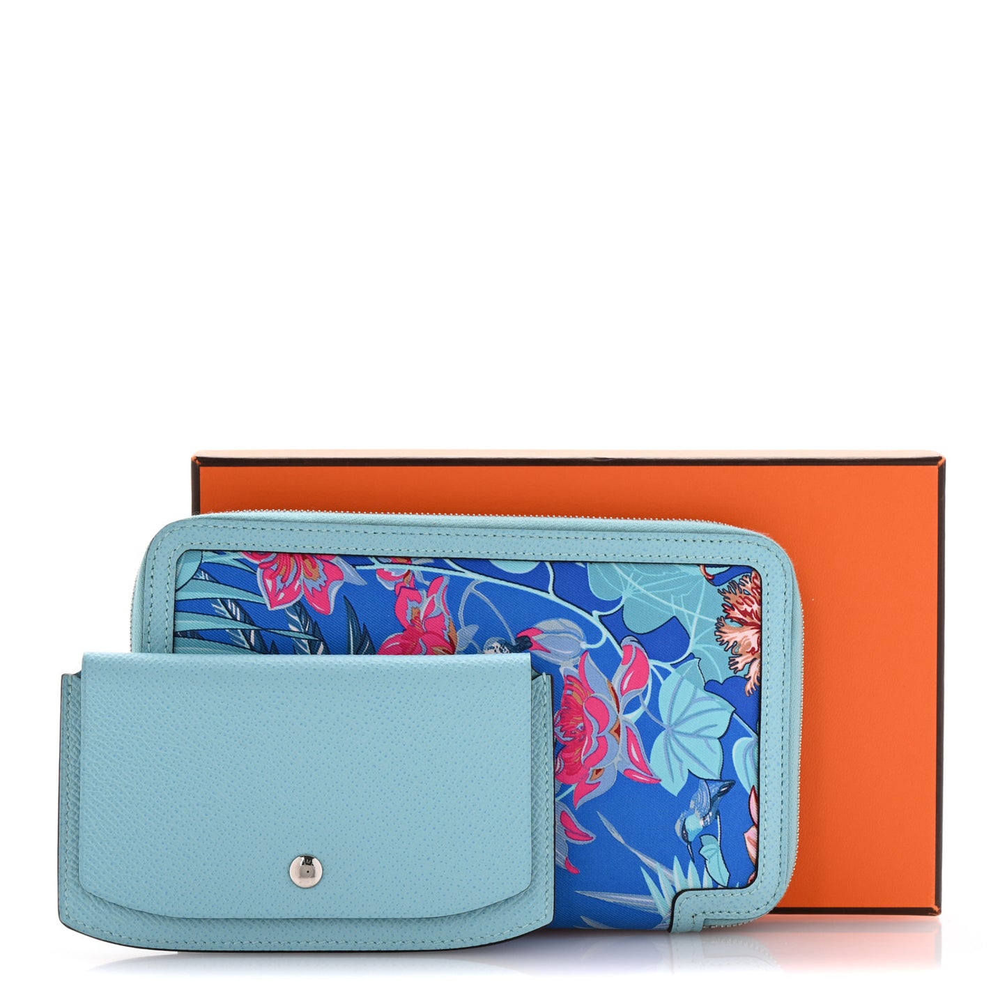 Epsom Printed Silk Flamingo Party Soie-Cool Wallet Mykonos Bleu Atoll